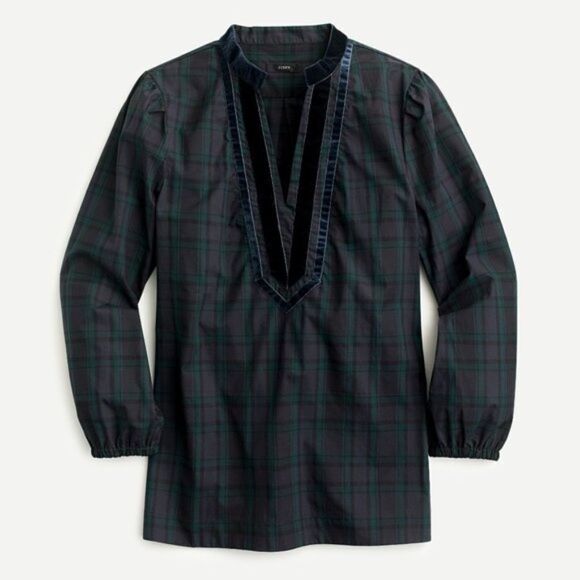 J. Crew Black Watch Tartan Plaid Velvet Trim Tunic Top Shirt XXS Green Navy - Picture 1 of 3